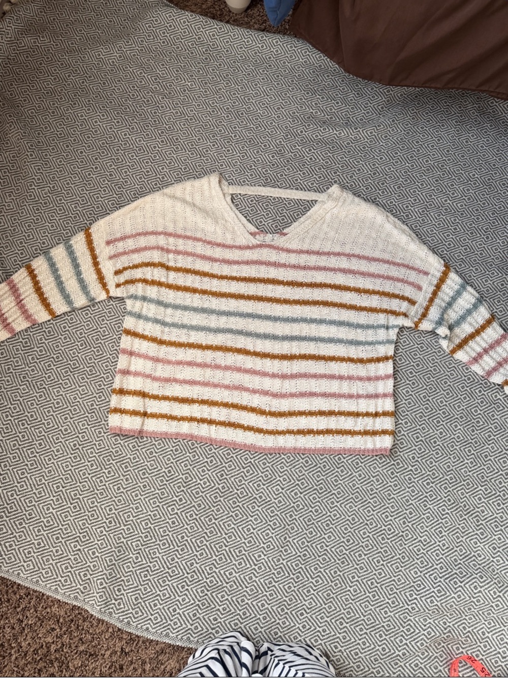 Kohl's Cream Sweater with Pink, Mustard and Light Blue Stripes